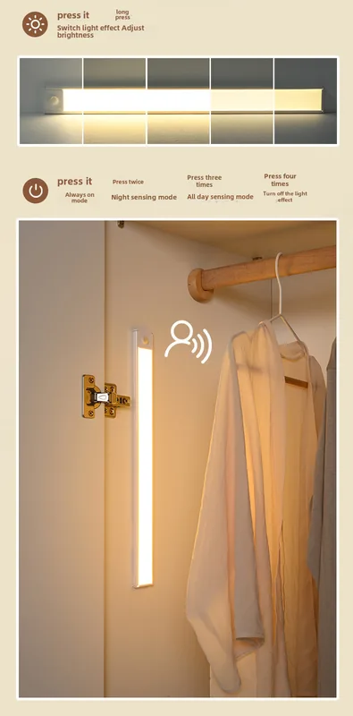 Full-length view of a light bar inside a wardrobe with hanging clothes