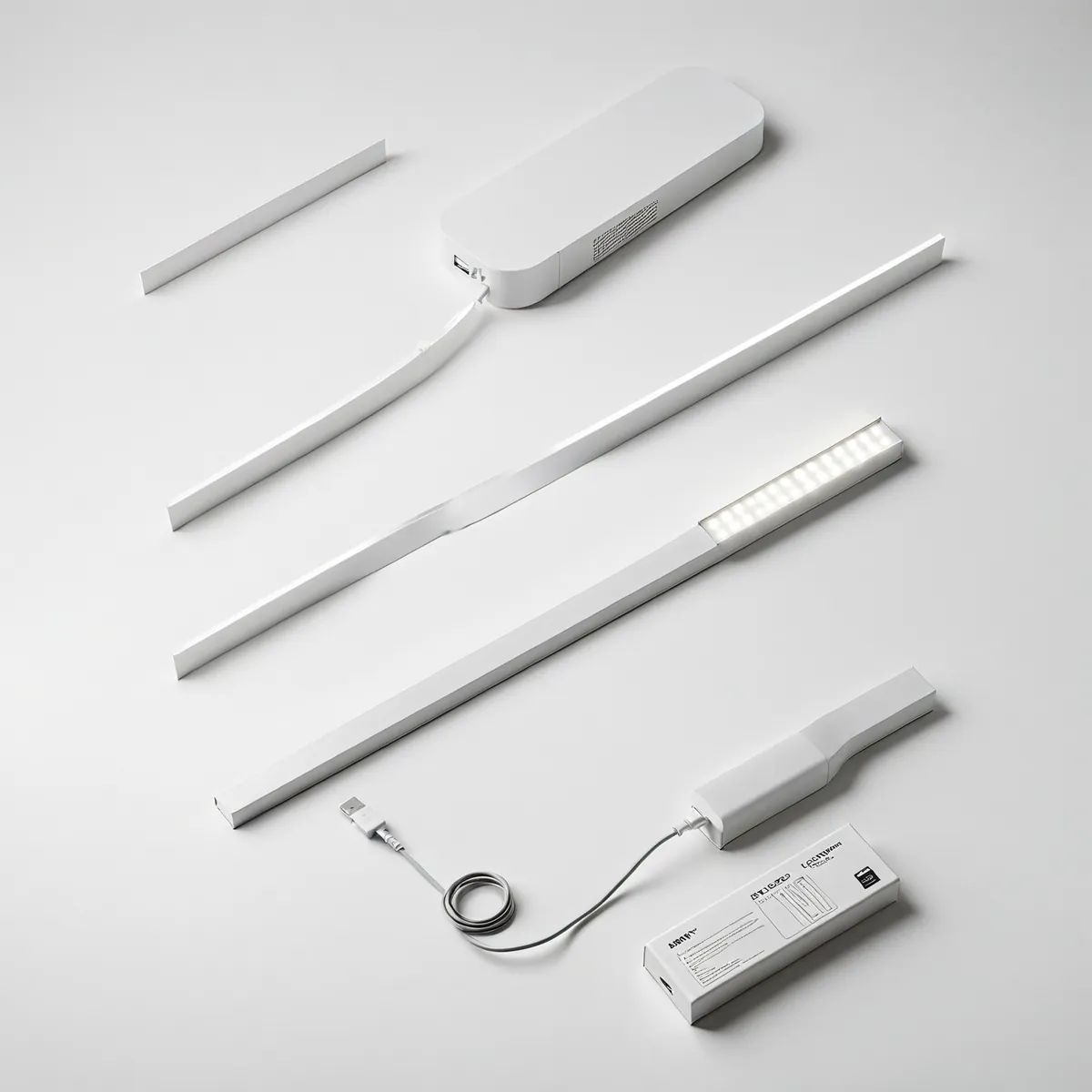 Packaging illustration: retail box with 10 cm sensor bar, adhesive metal strip, USB charging cable and user guide