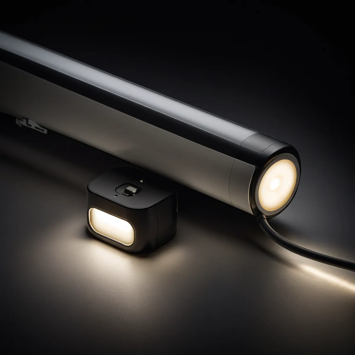 Detail illustration: PIR sensor lens, one-piece molded body, magnetic back strip and adhesive metal plate, 5V USB (Type-C port) charging port