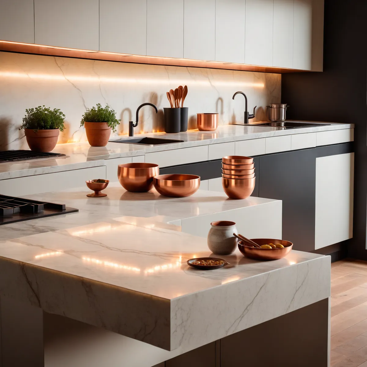 Scene illustration: 30 cm LED strip bar mounted under a kitchen cabinet, lighting a countertop